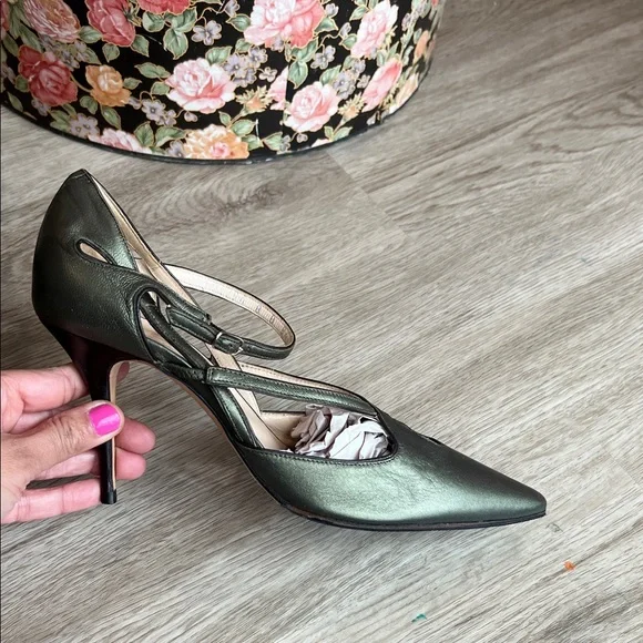 Cole Haan Collection Pointed Toe Strappy Pumps in Metallic Olive Green Leather - Picture 10 of 16